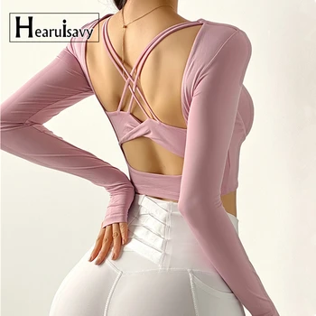 Сексуальные спортивные топы с вырезами на спине, женские облегающие рубашки для йоги, укороченный топ для тренировок с длинным рукавом и накладкой на грудь  5