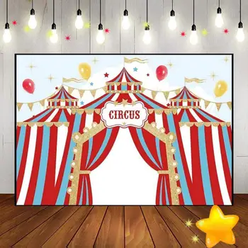 Тема Дня рождения цирка Добро пожаловать на вечеринку Carnival Red Tent с красочным воздушным шаром на заднем плане для оформления детского душа на заказ  0