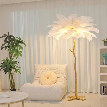 Торшер из перьев, светильник для гостиной, спальни, Роскошная настольная лампа с декоративной атмосферой из страусиных вставок  5
