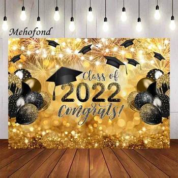 Фон для фотосъемки Mehofond Выпускные Черные и золотые воздушные шары, шапочка для бакалавра, Поздравления с выпускным, декор для фотостудии  0