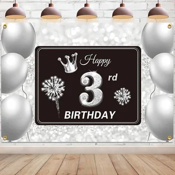 Фон с 3-м днем рождения, баннер, серебряный фон для фотосъемки, трехлетние украшения для вечеринок, принадлежности для мальчиков и девочек  5