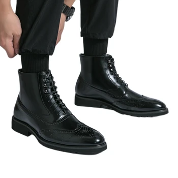Черные мужские короткие ботинки на шнуровке с круглым носком, Демисезонные Деловые мужские ботильоны ручной работы, Размер 38-46  10