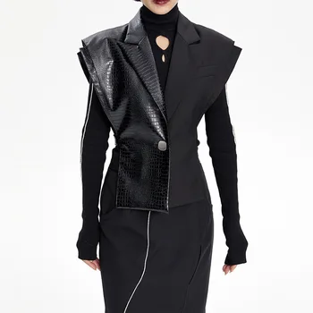 Черный женский костюм из крокодиловой кожи, жилет, топ, жилетка в стиле пэчворк, приталенное дизайнерское пальто Ins Cool Girl на одной пуговице, в наличии  10